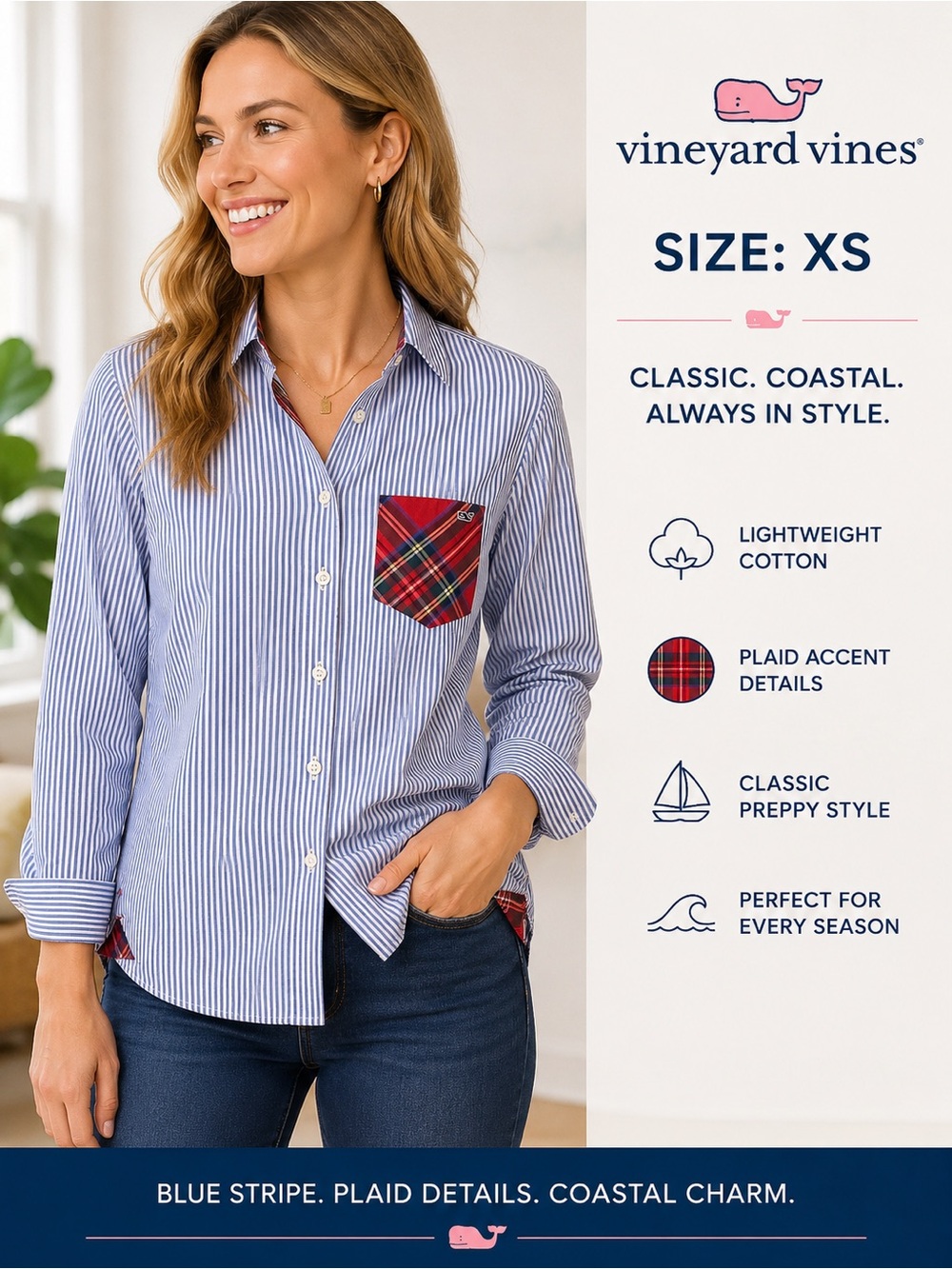 Vineyard Vines Blue Stripe Button Down Shirt Red Plaid Pocket Women’s XS